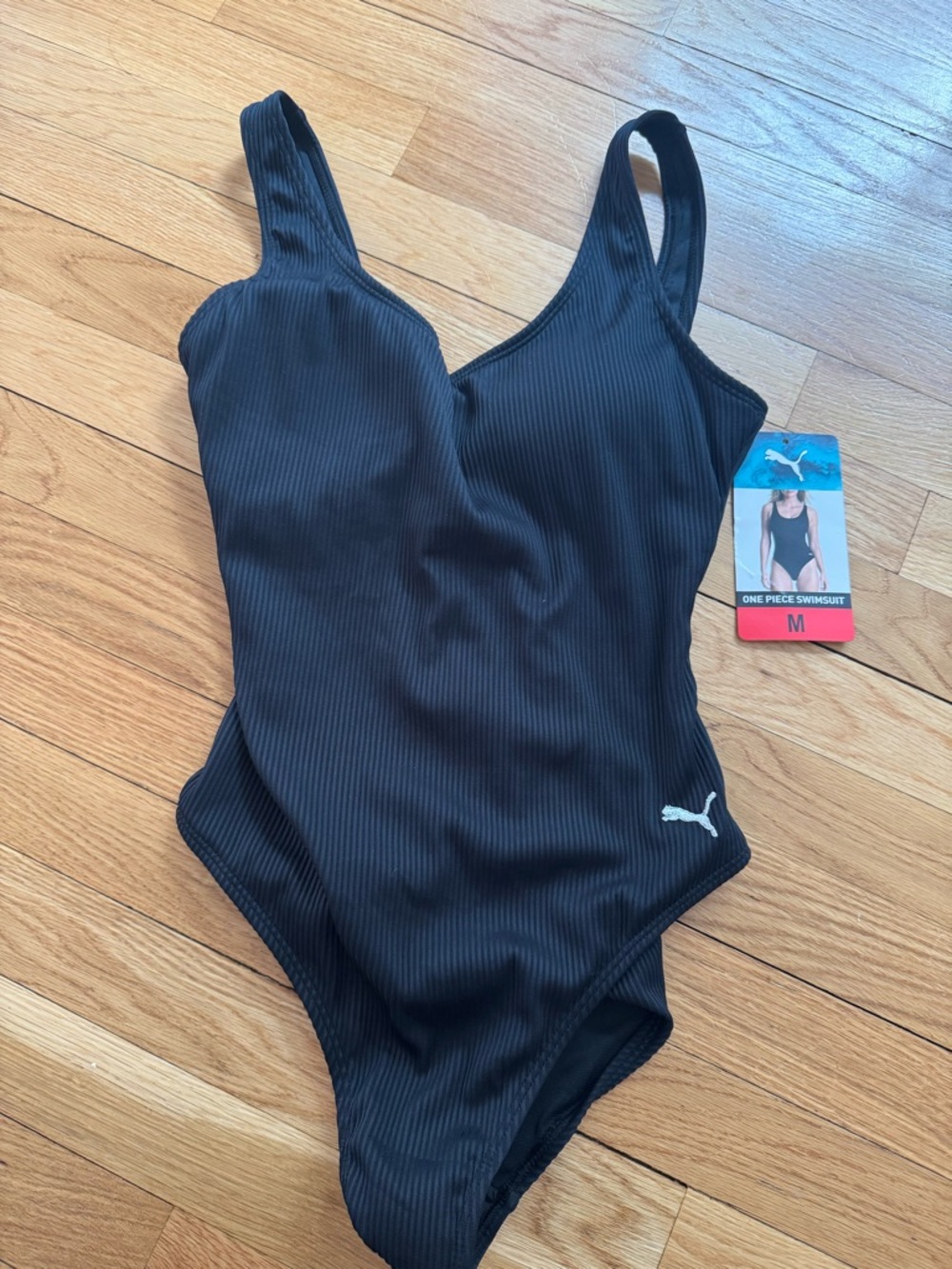 NWT Puma Black Ribbed Scoop One-Piece Swimsuit M